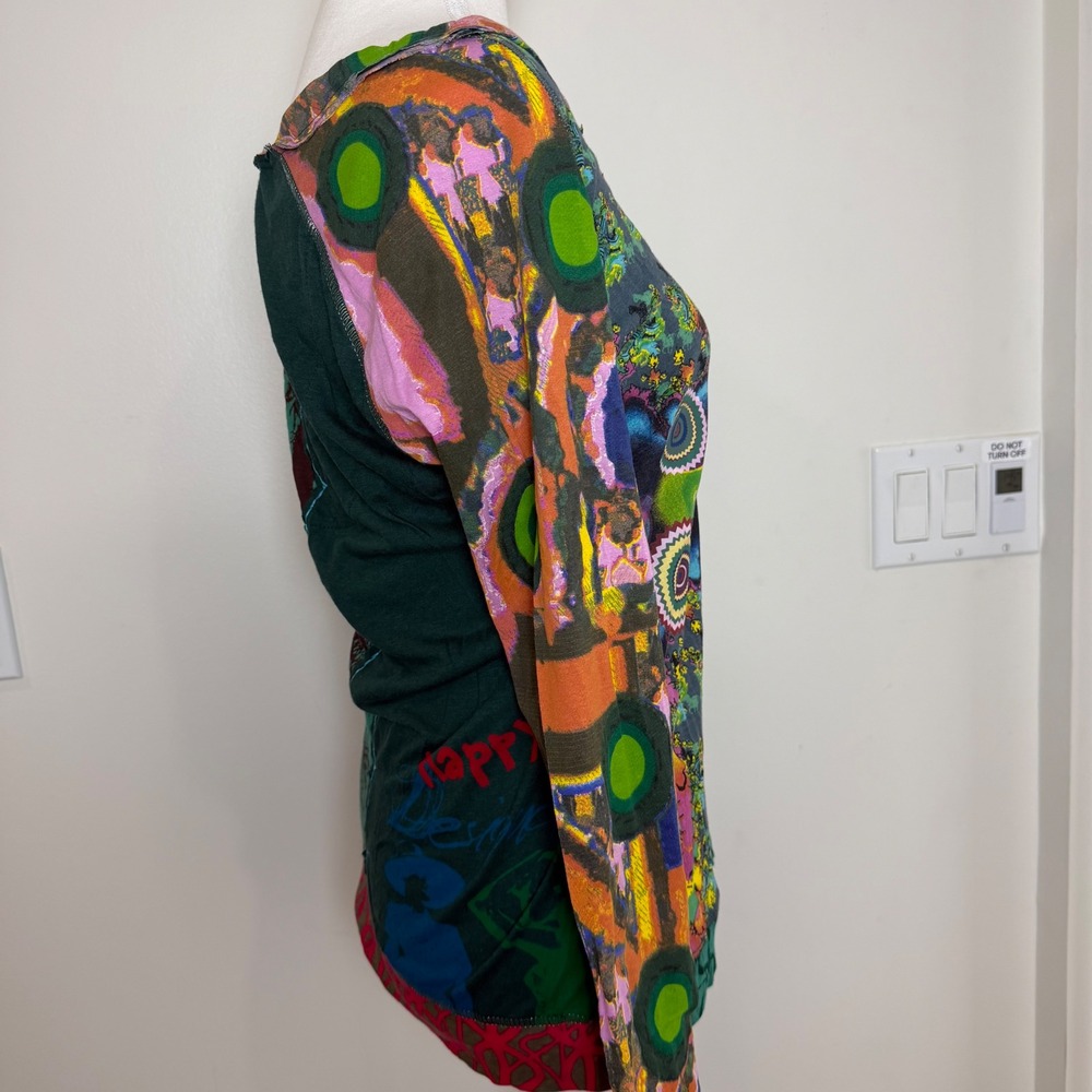 Desigual Patchwork Graphic Long Sleeve Top Green Multi Womens Medium Boho Shirt - Picture 3 of 13